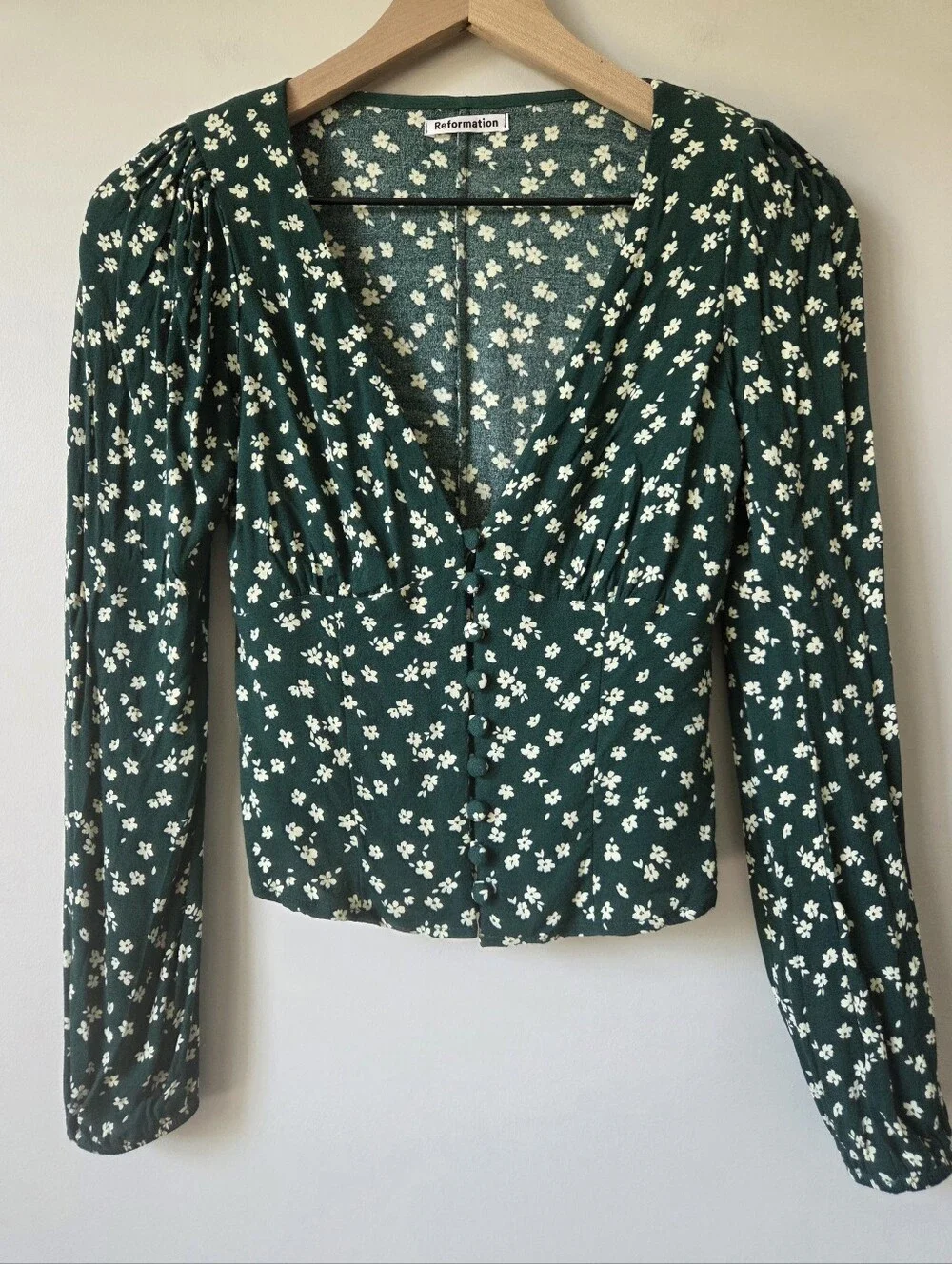 Reformation Nell Green Floral Long Sleeve Button Front Top Womens Size XS